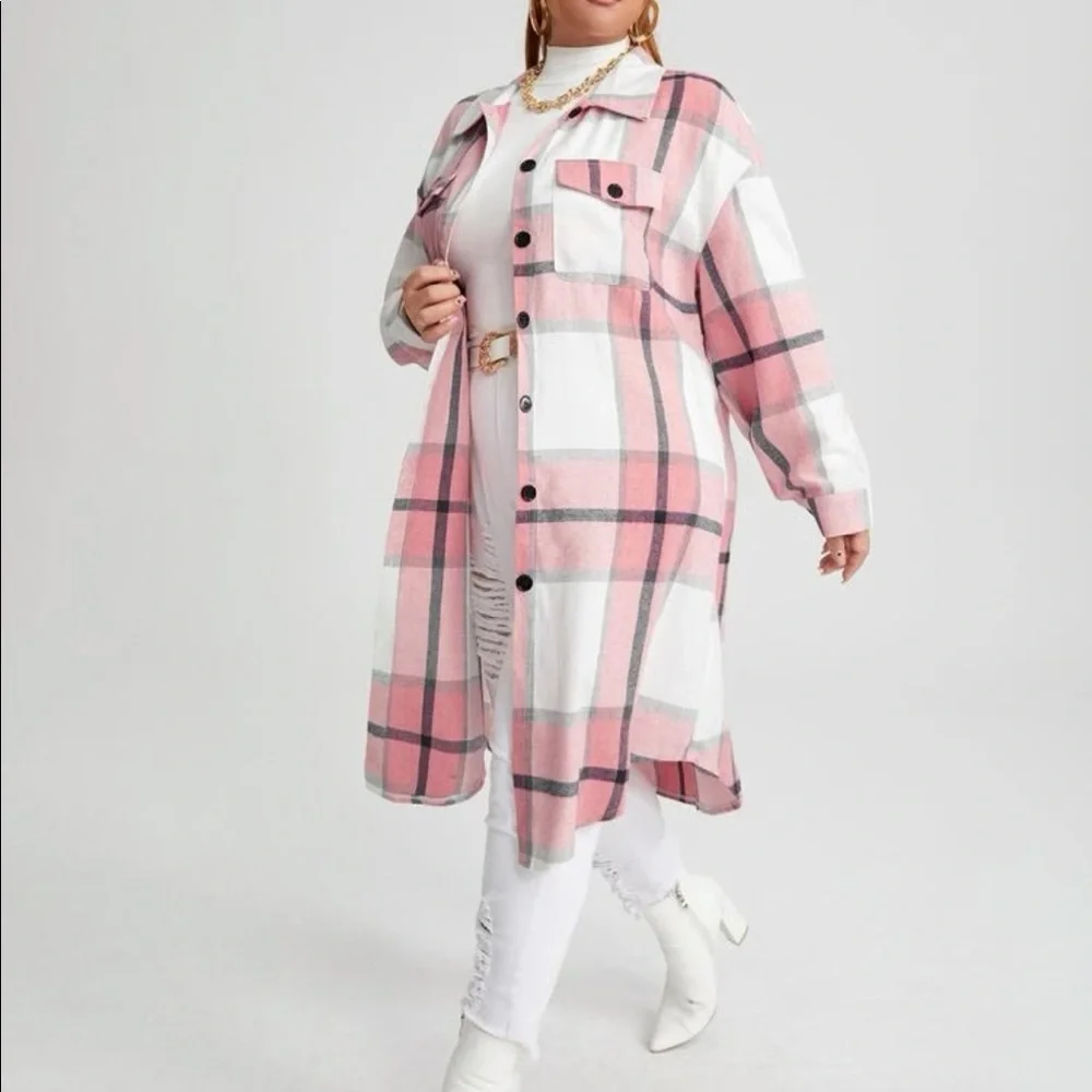 Plus Size Plaid Pocket Light Jacket Shacket Long Shirt Green BELT NOT INCLUDED - Picture 8 of 16
